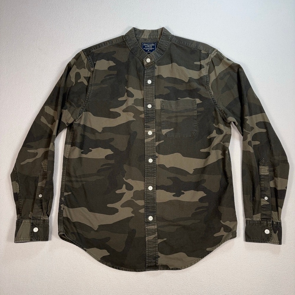 Abercrombie & Fitch Camo Shirt Men's M Green Officer Collar Cotton Army Military